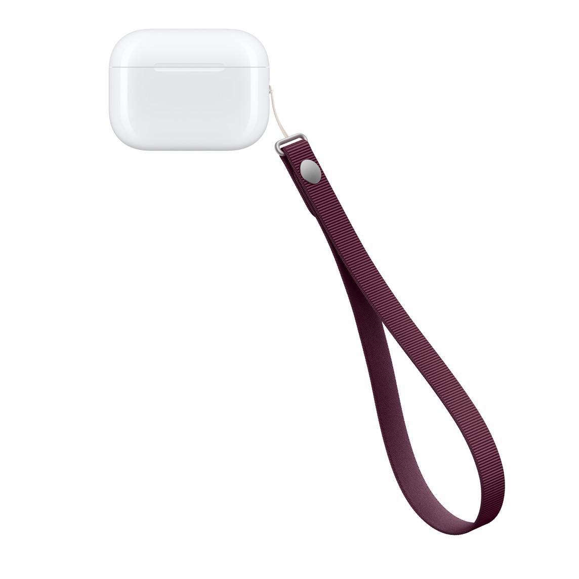Ein weißes AirPods-Ladecase mit einer langen, dunkelroten Handschlaufe, isoliert auf weißem Hintergrund.