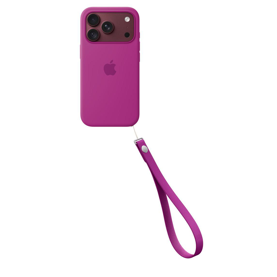 Ein magenta iPhone in einer Silikonhülle mit passender Handschlaufe auf weißem Hintergrund.