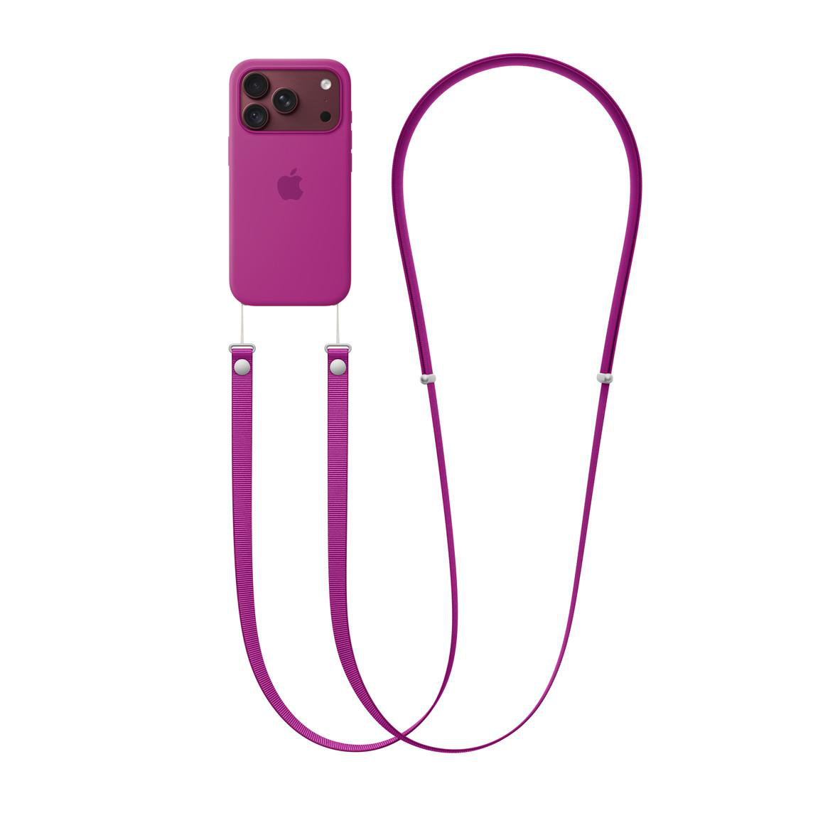 Violette iPhone-Hülle mit passendem langen Trageriemen auf weißem Hintergrund.