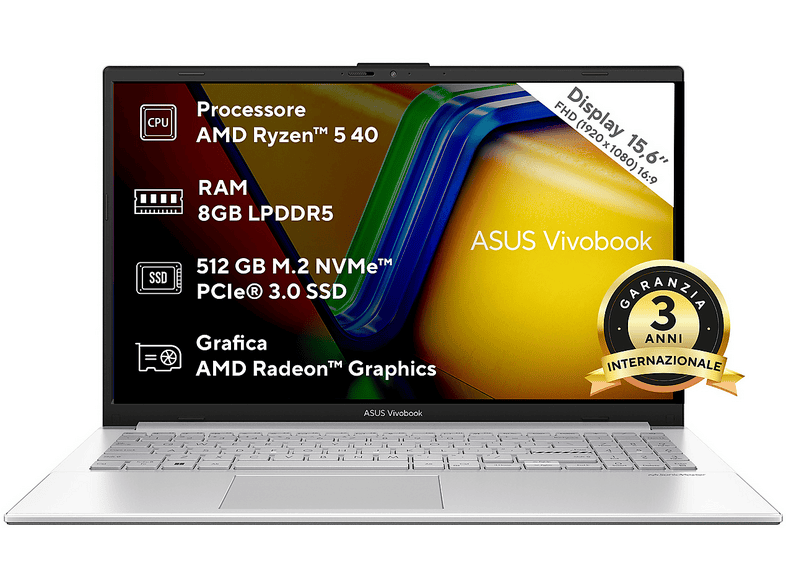 ASUS Vivobook Go 15 E1504 NOTEBOOK, 15,6 ", processore AMD Ryzen 5 40 , Radeon™ Onboard Graphics, RAM 8 GB, 512 GB SSD, Silver, Windows 11 Home