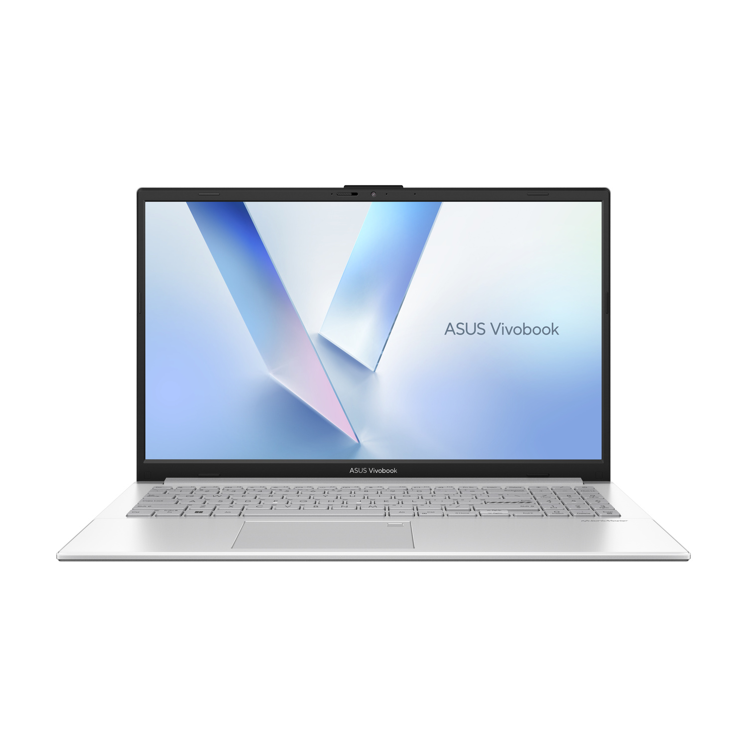 Un computer portatile Asus Vivobook argentato aperto con sfondo astratto blu, visto frontalmente.