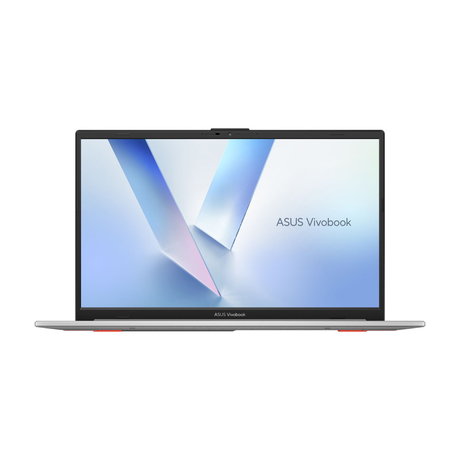 Vista frontale di un laptop ASUS Vivobook argentato con sfondo geometrico e cornici nere dello schermo.
