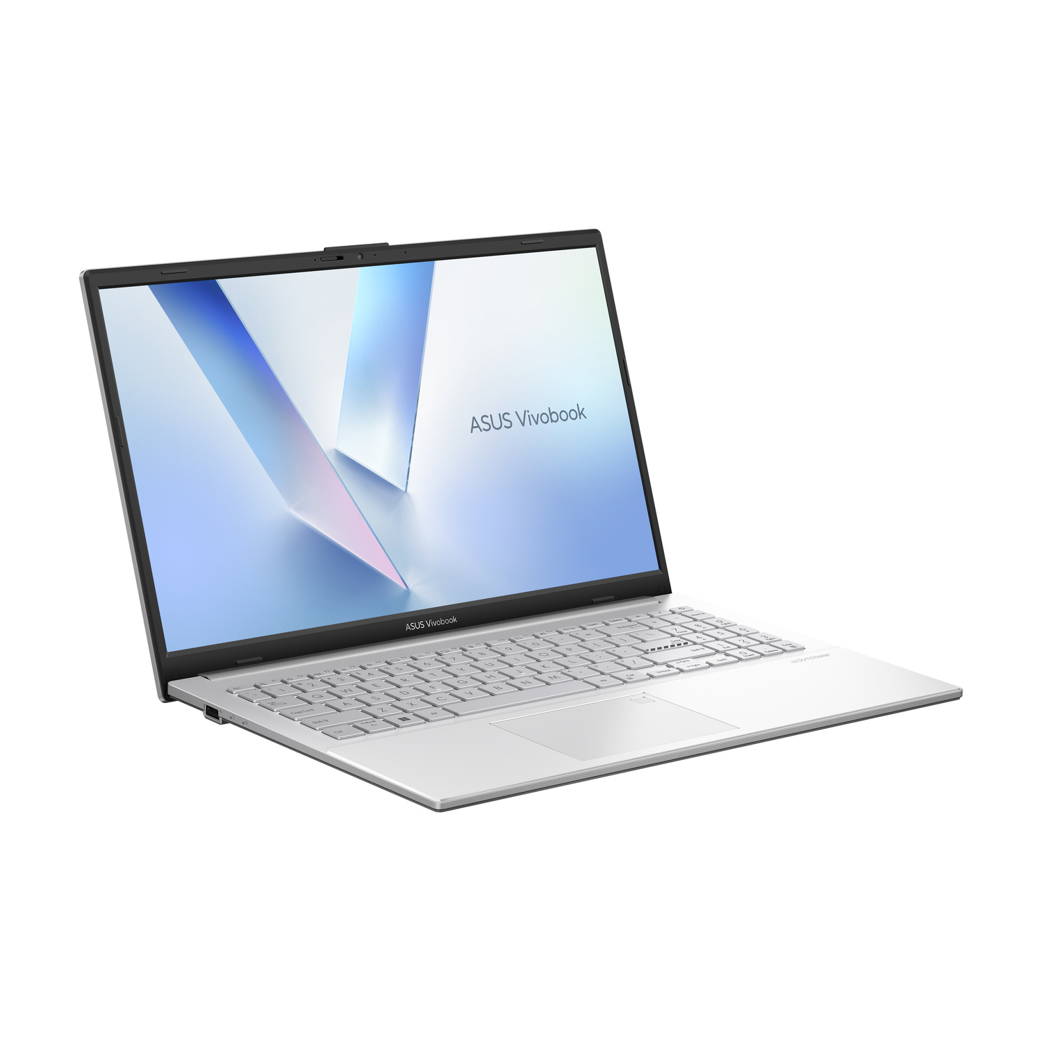 Un laptop ASUS Vivobook argentato aperto su superficie bianca con sfondo blu astratto.