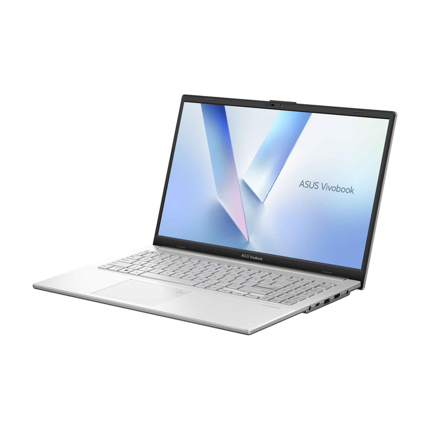 Un laptop ASUS Vivobook argento aperto su sfondo bianco mostra una grafica blu.