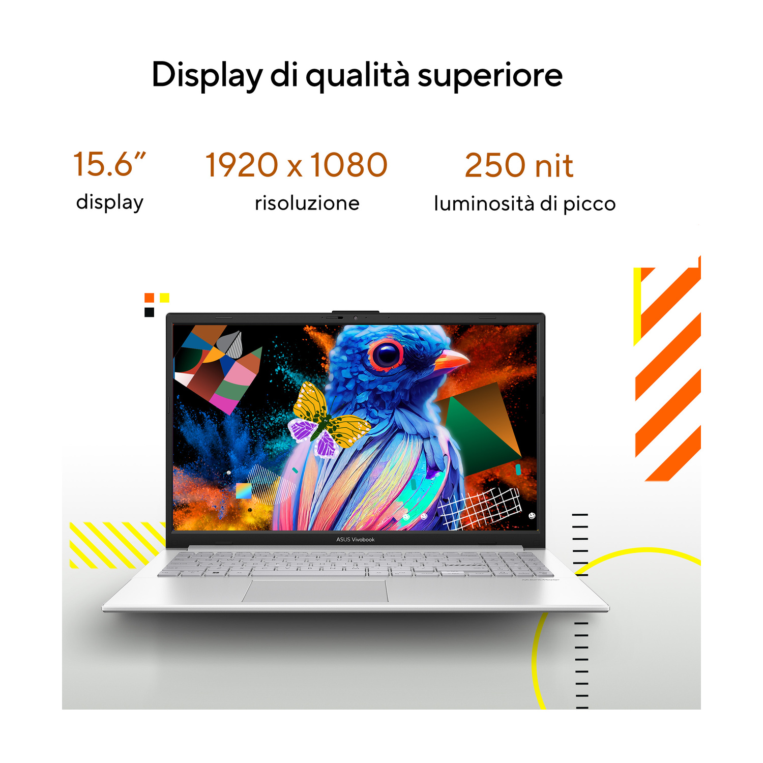 Laptop con display da 15.6", risoluzione FHD e 250 nit di luminosità, con uno sfondo colorato.
