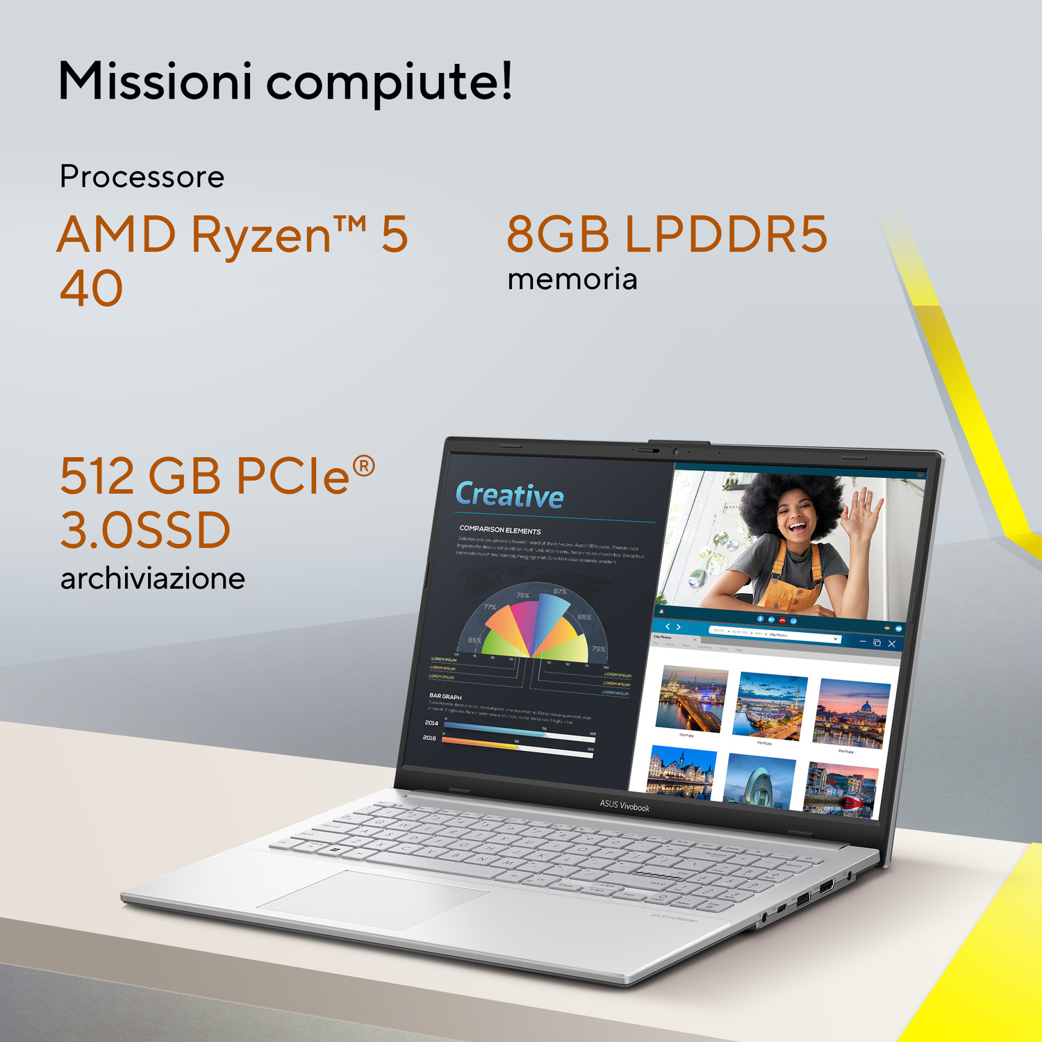 ASUS Vivobook con AMD Ryzen 5 e specifiche tecniche su sfondo grigio.