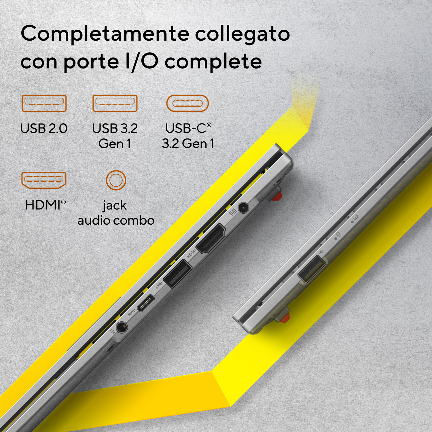 Porte laterali del laptop con etichette per USB 2.0, USB 3.2, USB-C, HDMI e jack audio.