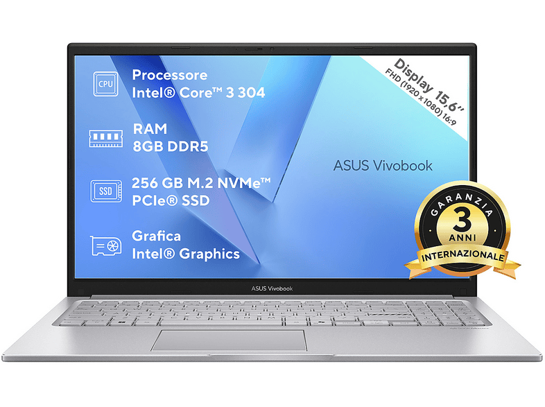 ASUS Vivobook 15 F1504 NOTEBOOK, 15,6 “, processore Intel® Core 3 304 , Intel®, RAM 8 GB, 256 GB SSD, Silver, Windows 11 Home