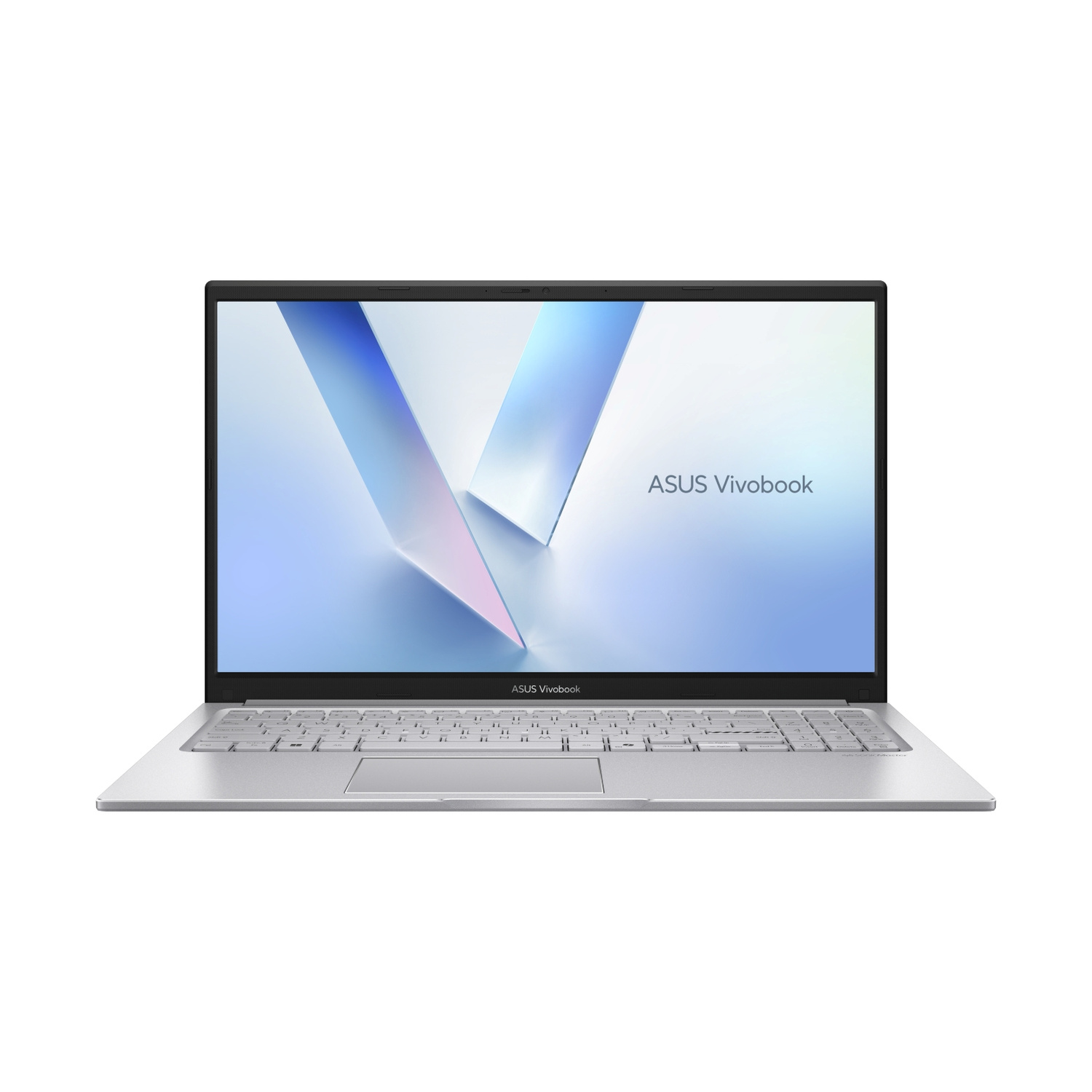 Un laptop ASUS Vivobook argento è aperto, mostrando uno sfondo astratto blu sullo schermo e la tastiera integrata.