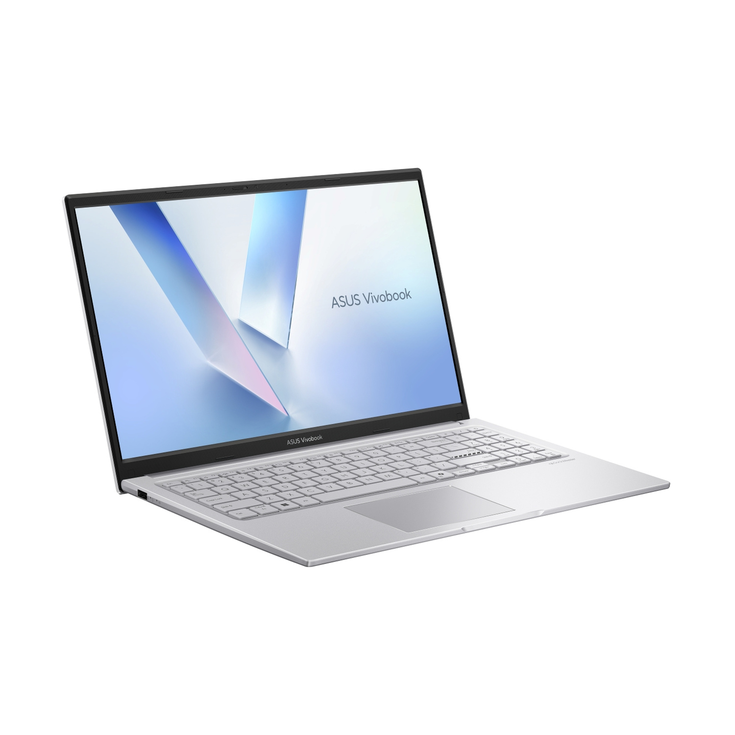 Un computer portatile ASUS Vivobook argento è aperto e leggermente inclinato su sfondo bianco.