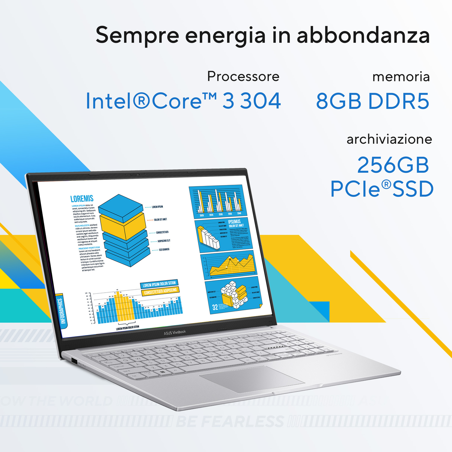ASUS Vivobook con infografiche sullo schermo, processore Intel Core e 8GB di RAM.