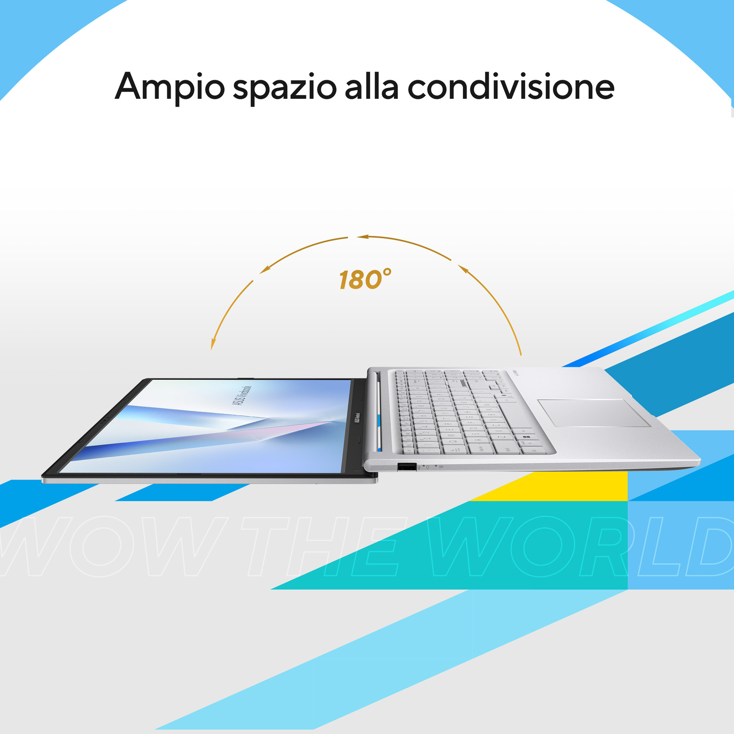 Un laptop argento è sdraiato piatto con una cerniera a 180 gradi su sfondo blu e giallo.