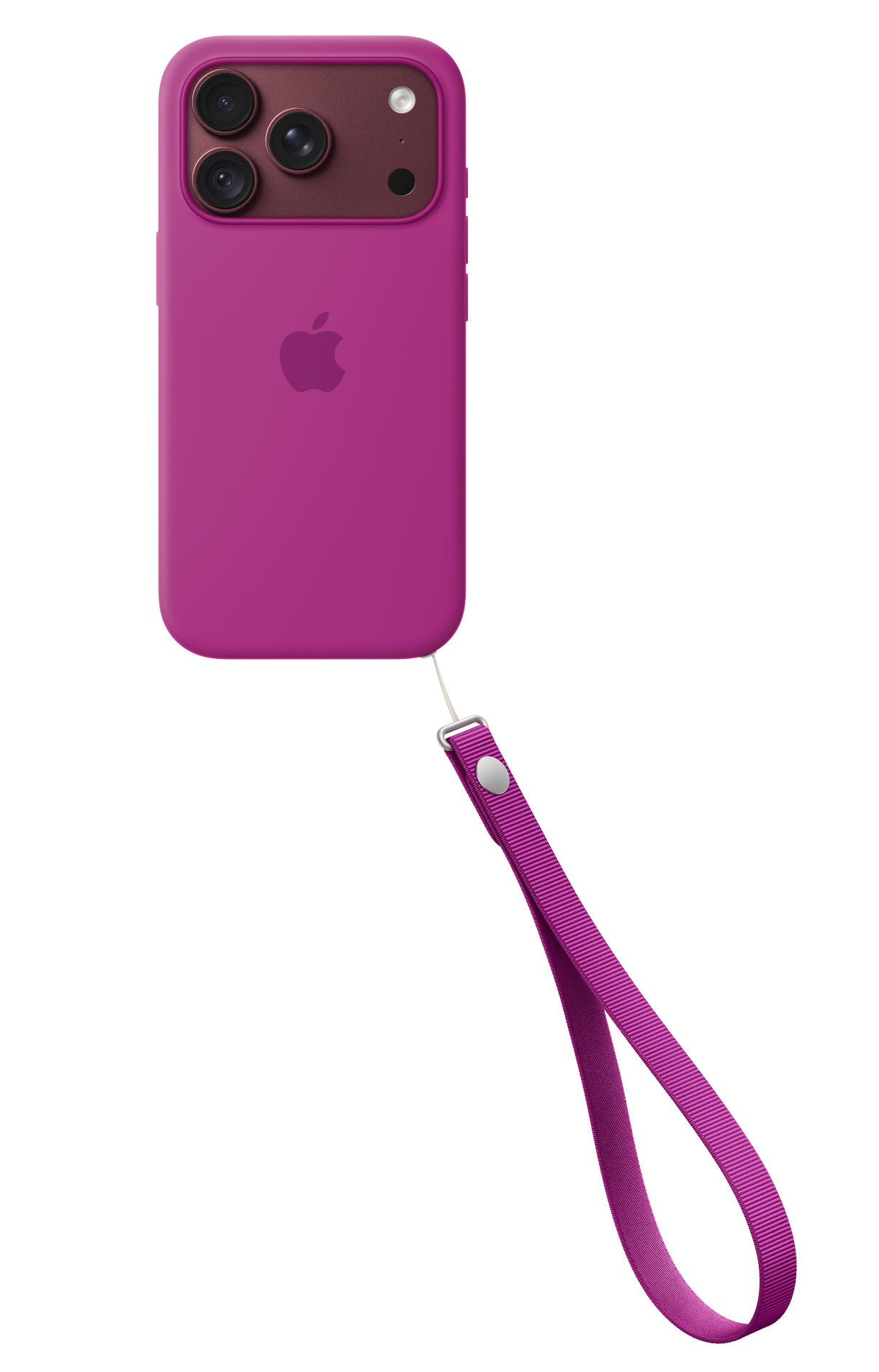 Różowe etui na iPhone'a z logo Apple i pasującym paskiem na rękę na białym tle.