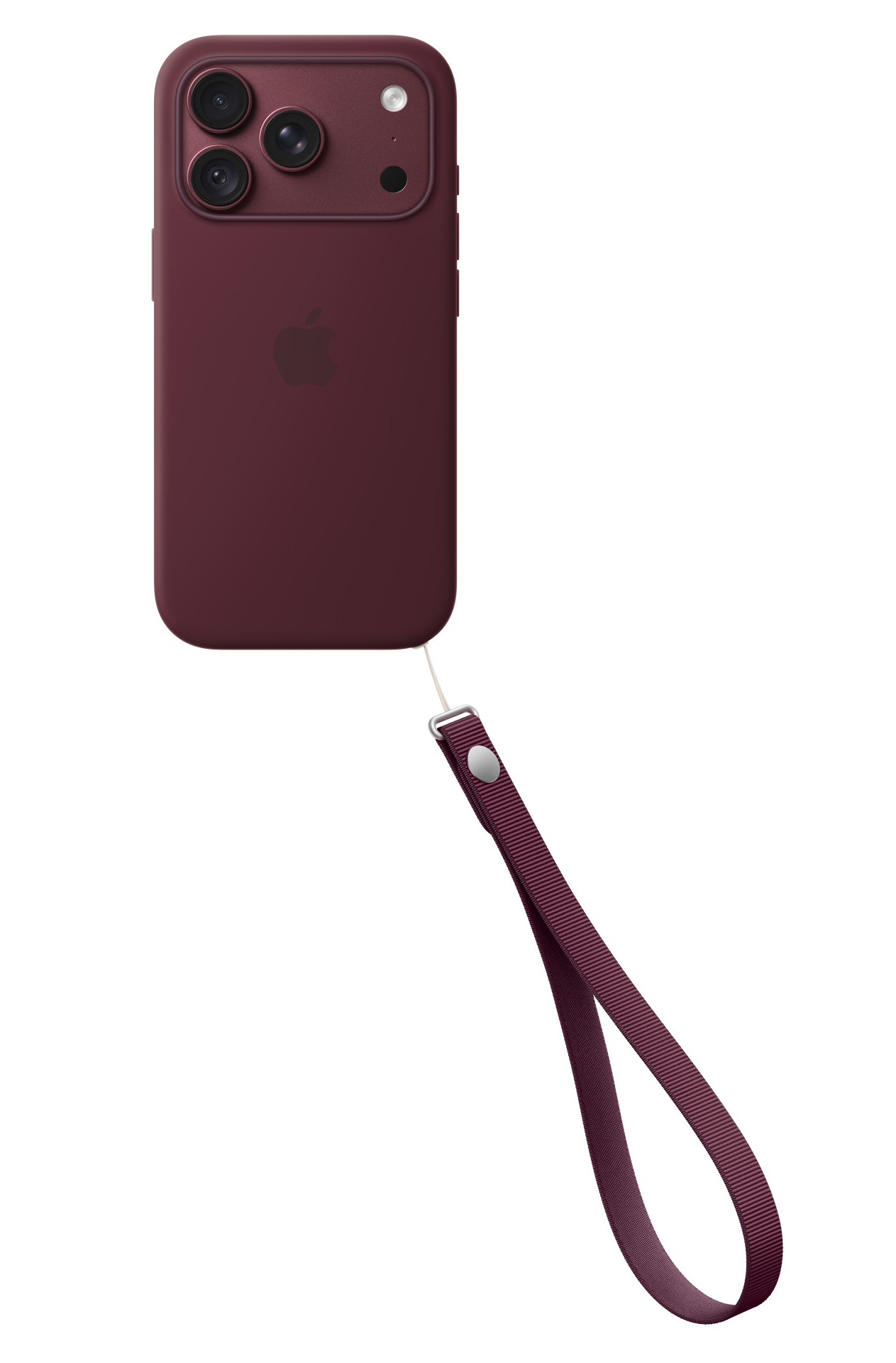 Bordowy iPhone z potrójnym modułem aparatu, logo Apple i pasującym paskiem na nadgarstek na białym tle.