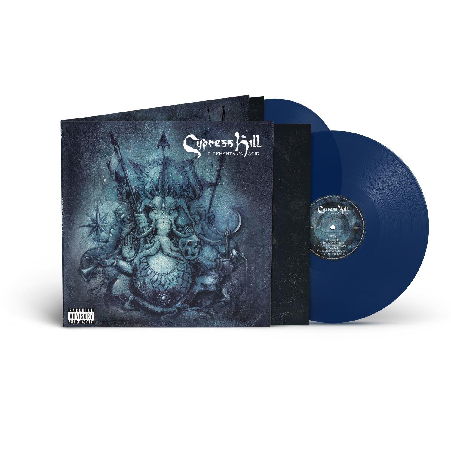 Cypress Hill albumhoes en blauwe vinylplaat met surrealistisch indisch artwork.