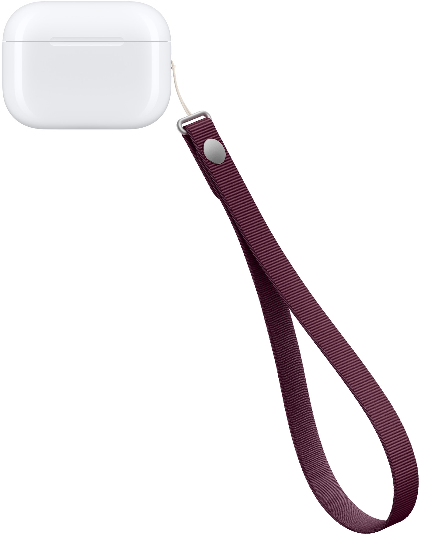 Egy fehér AirPods töltőtok sötétvörös csuklópánttal, fehér háttér előtt.