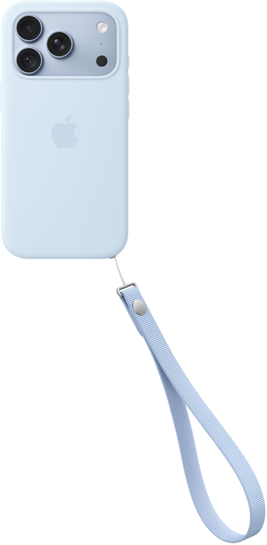 Világoskék iPhone tokban, hozzáillő csuklópánttal fehér alapon.
