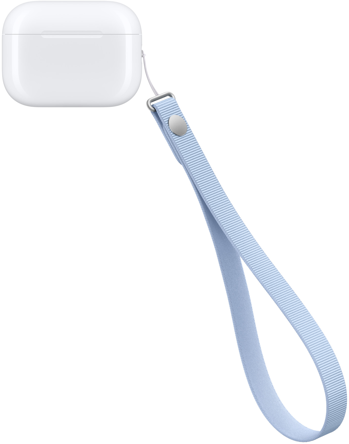 Egy fehér AirPods tok világoskék szőtt csuklópánttal a jobb oldalán.