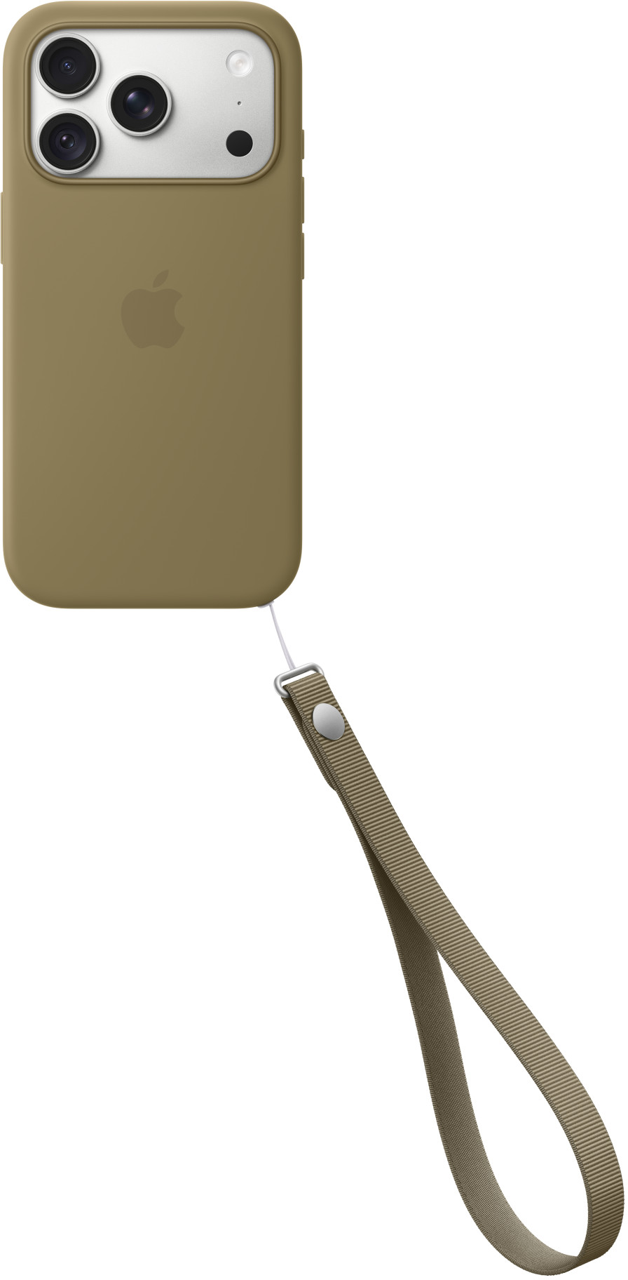 Olajzöld iPhone tok három hátlapi kamerával és hozzáillő csuklópánttal.