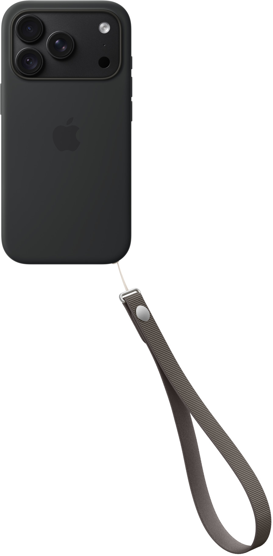 Fekete iPhone tokban, szürke csuklópánttal, fehér háttérrel.