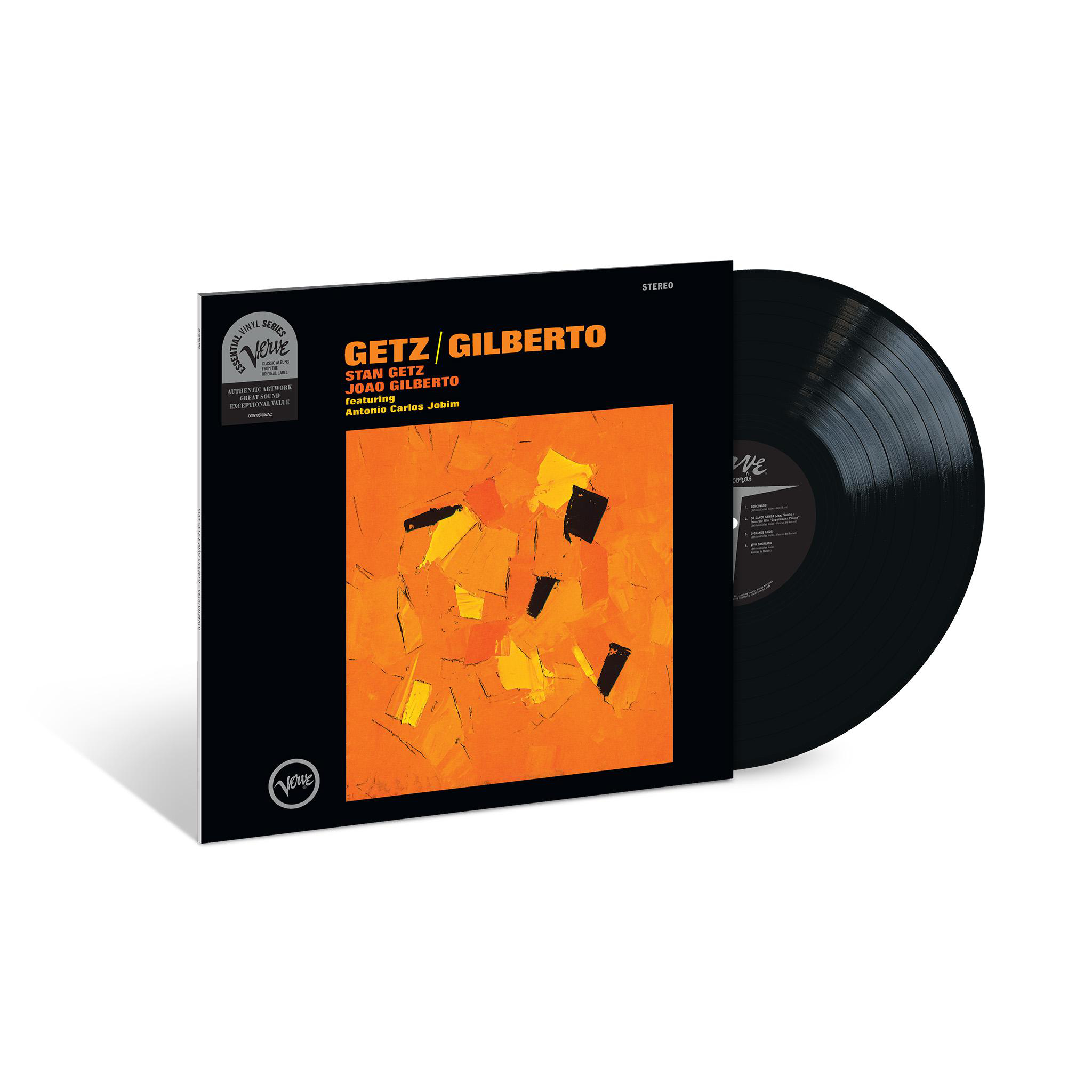 Getz/Gilberto Vinyl-Platte mit schwarzem Cover, oranger abstrakter Kunst und sichtbarer Schallplatte.