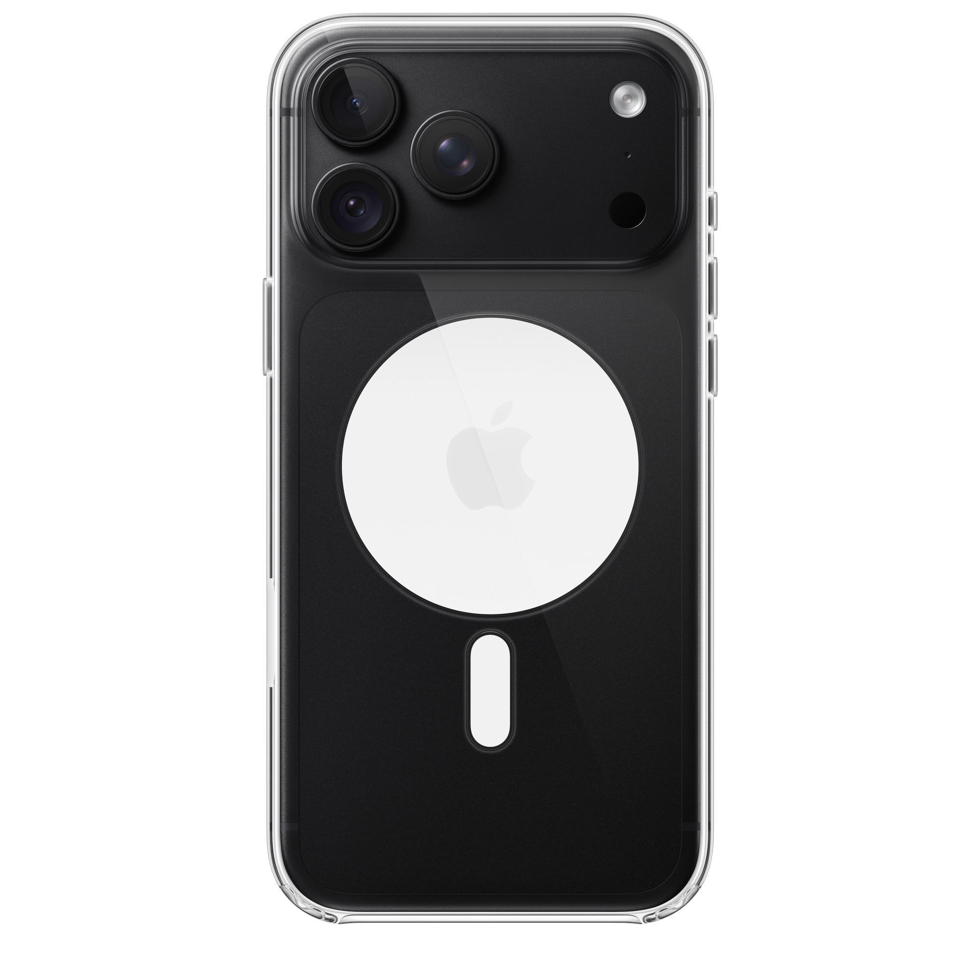 Fekete okostelefon hátoldala átlátszó tokkal, háromkamerás modullal és fehér MagSafe gyűrűvel.