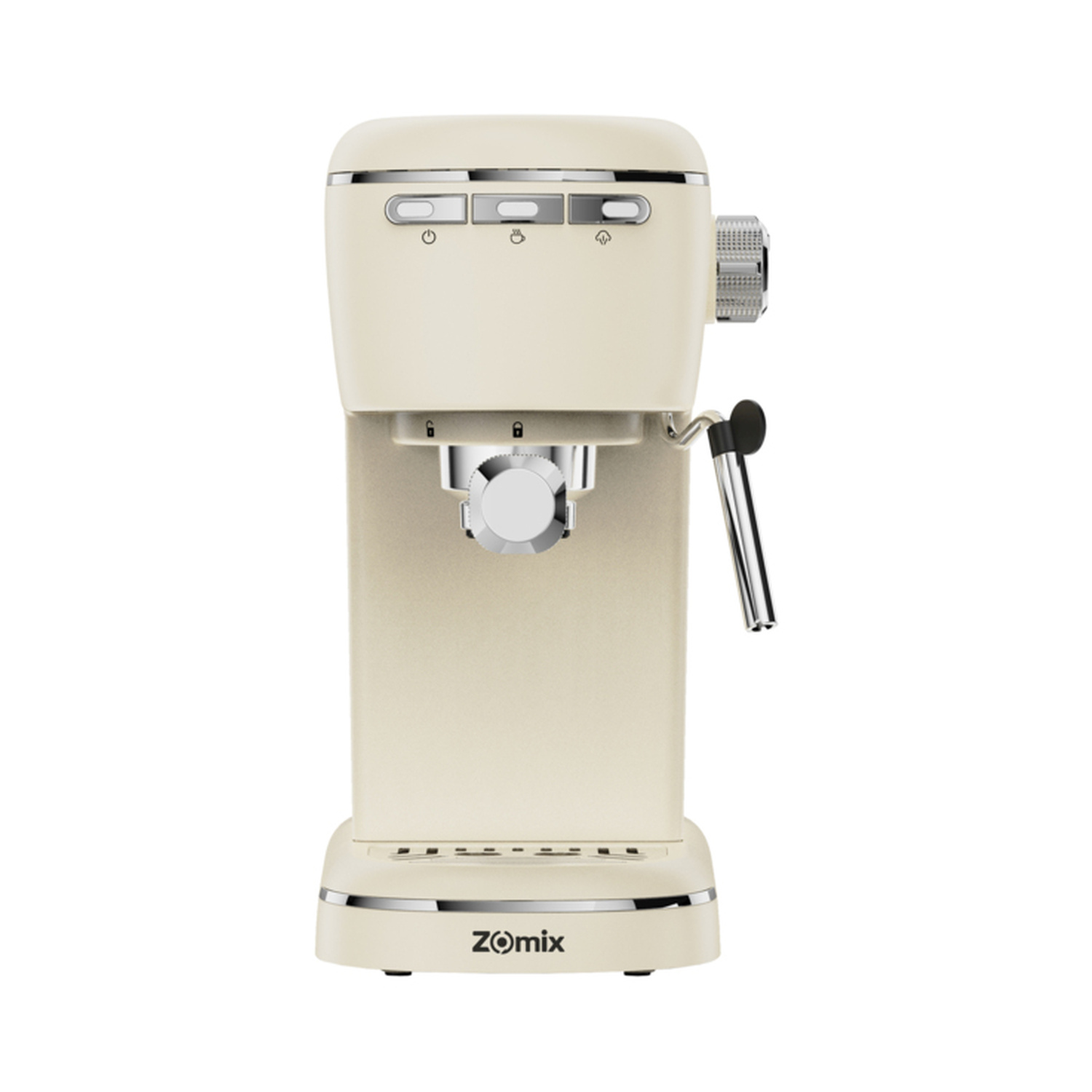 Macchina da caffè espresso Zomix beige con dettagli cromati e lancia vapore su sfondo bianco.