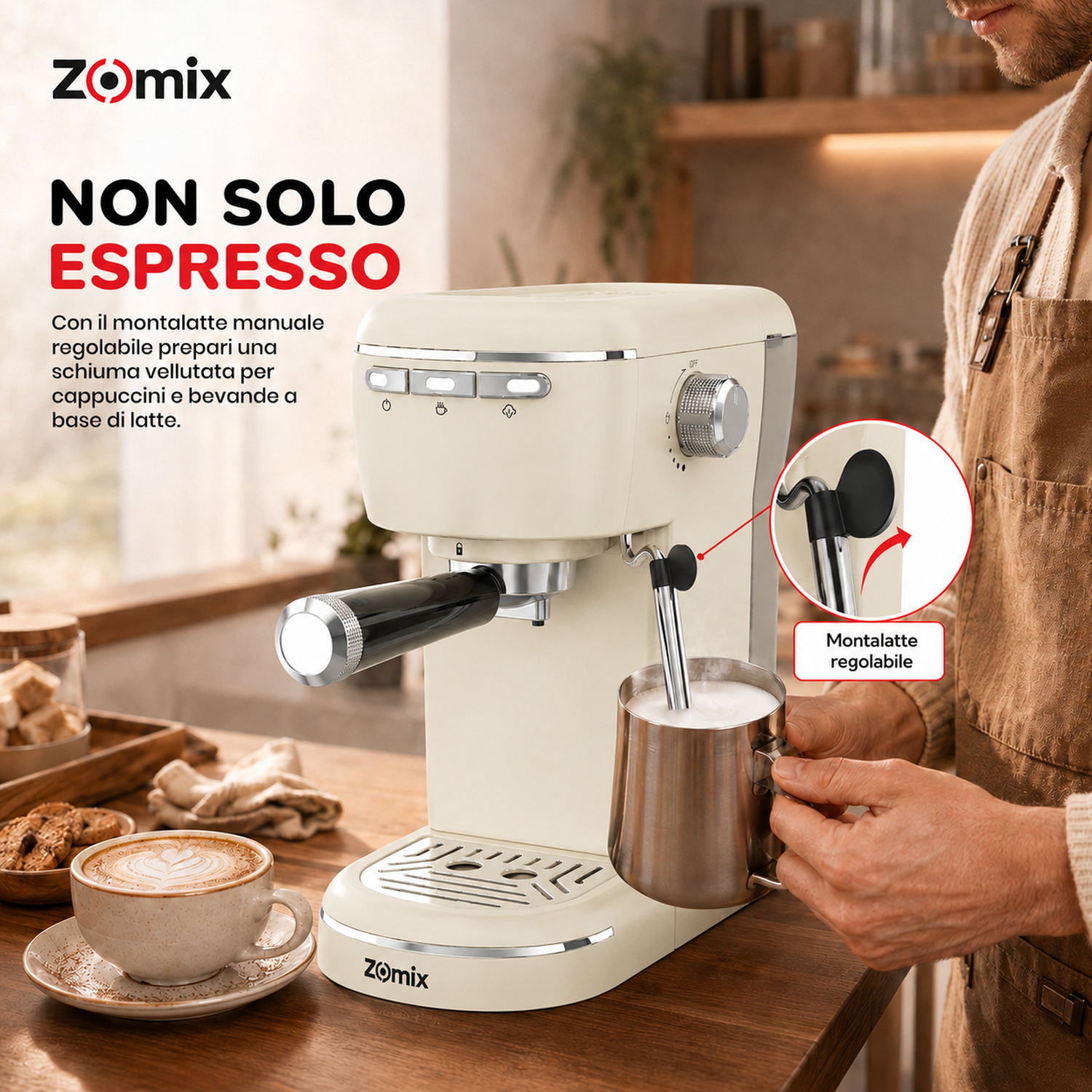 Macchina per espresso Zomix beige con montalatte manuale e tazza di caffè su tavolo in legno.