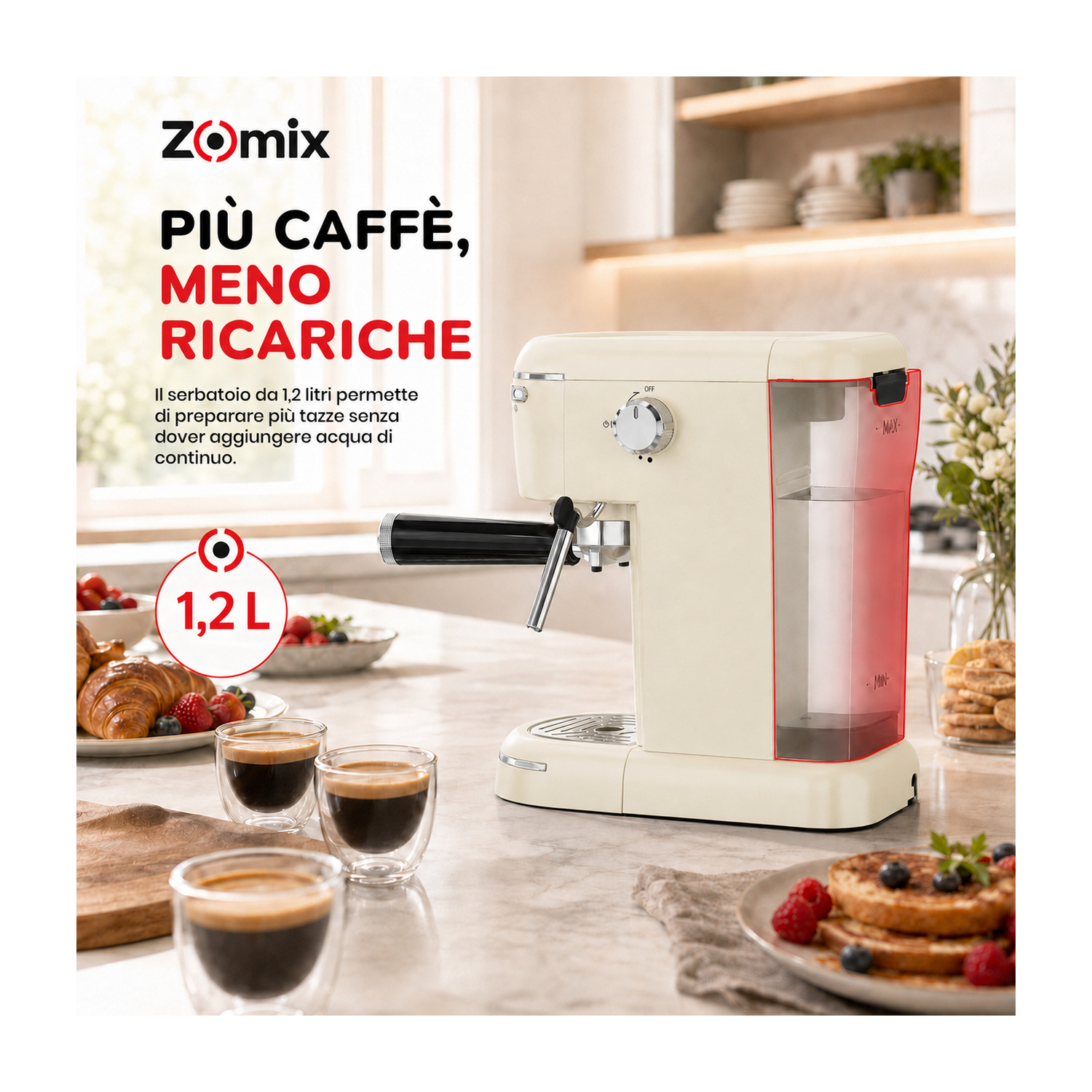 Una macchina da caffè color crema su un bancone da cucina con tazzine e dolci.