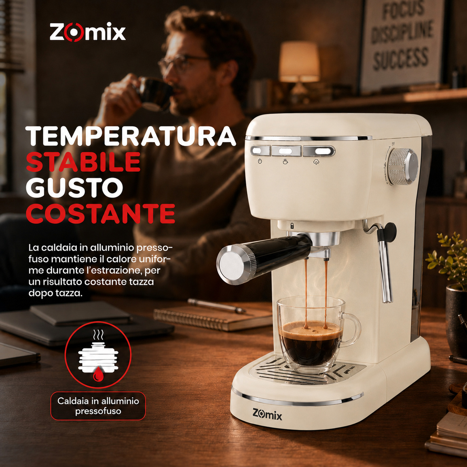 Una macchina da caffè beige eroga caffè in una tazza di vetro su un tavolo di legno, con un uomo sullo sfondo.