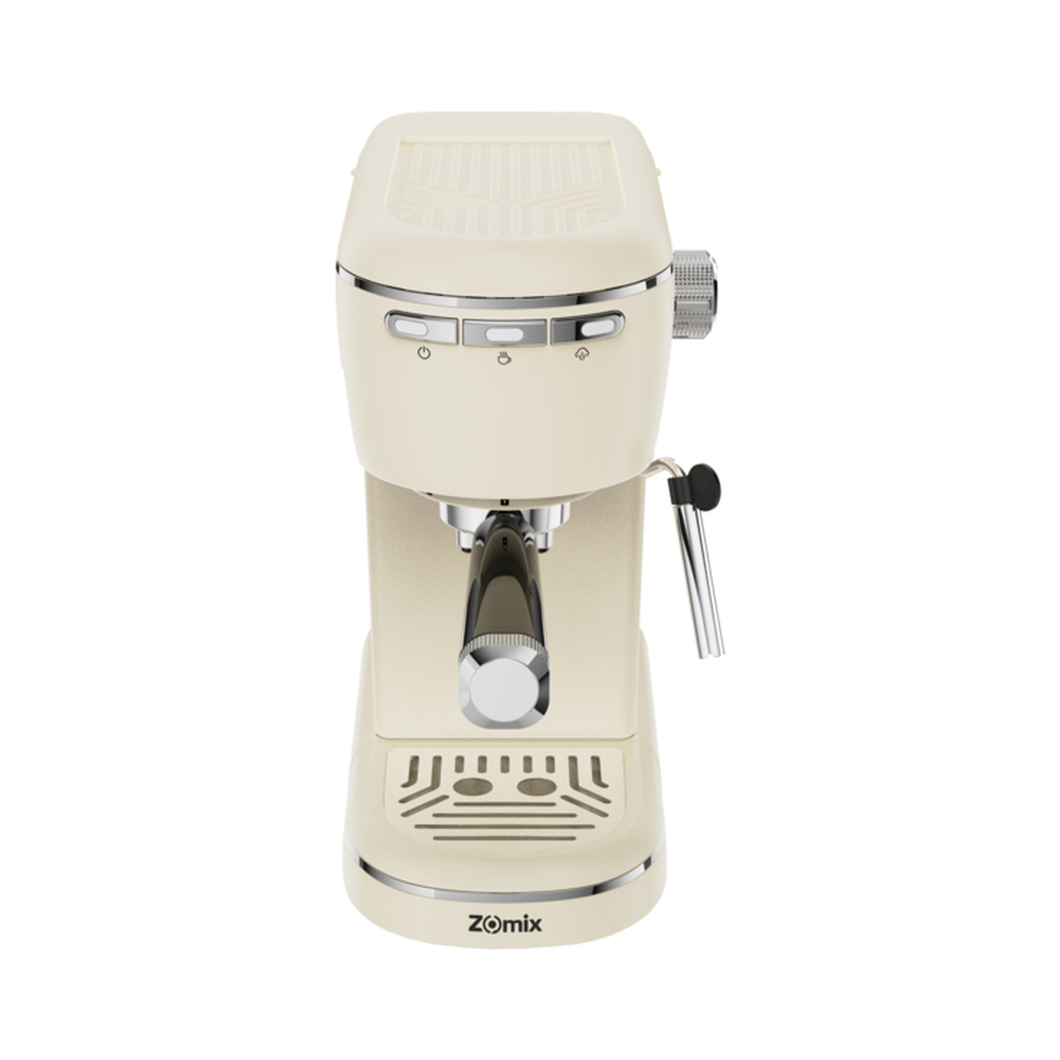 Una macchina da caffè espresso Zomix beige con portafiltro cromato e lancia vapore su sfondo bianco.