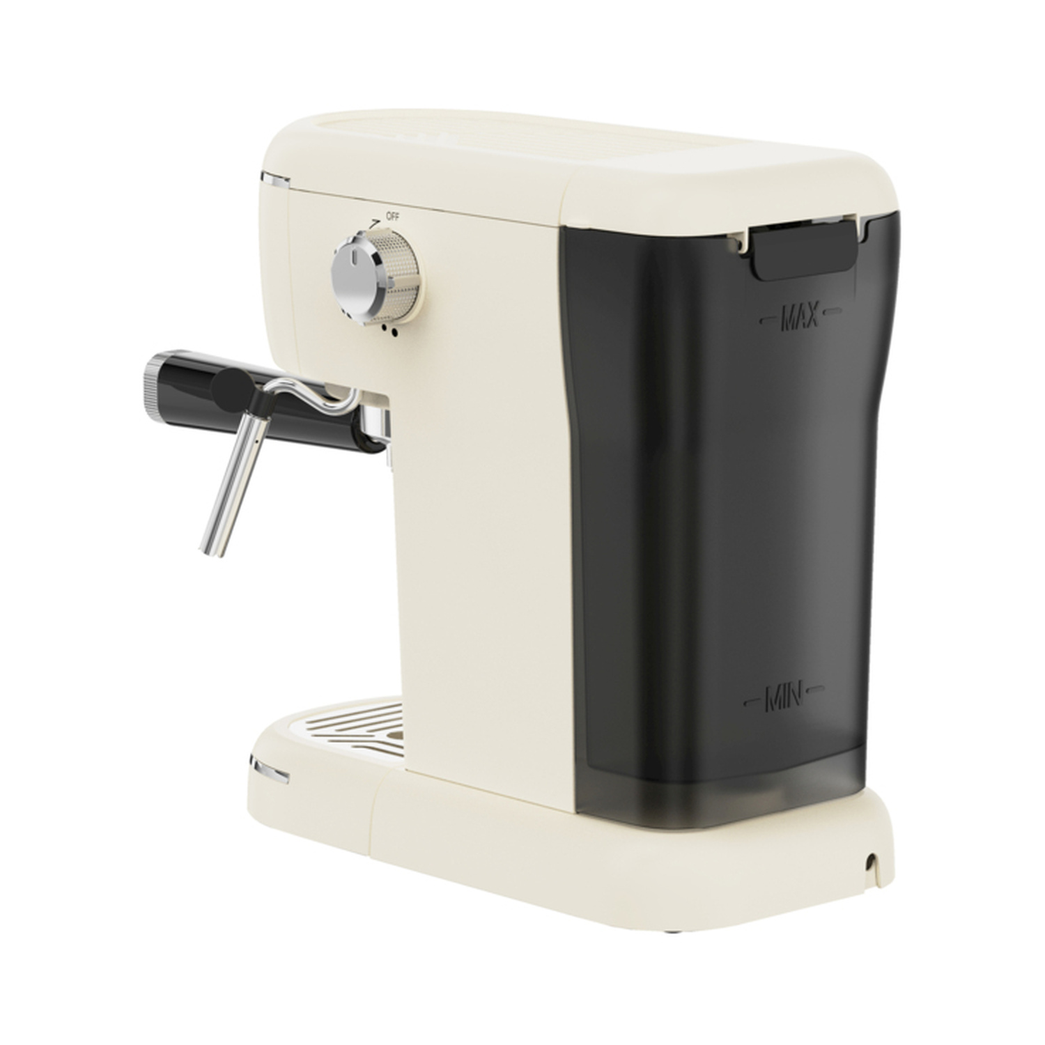 Una macchina per espresso crema e nera con serbatoio dell'acqua, manopola di controllo e lancia vapore su sfondo bianco.