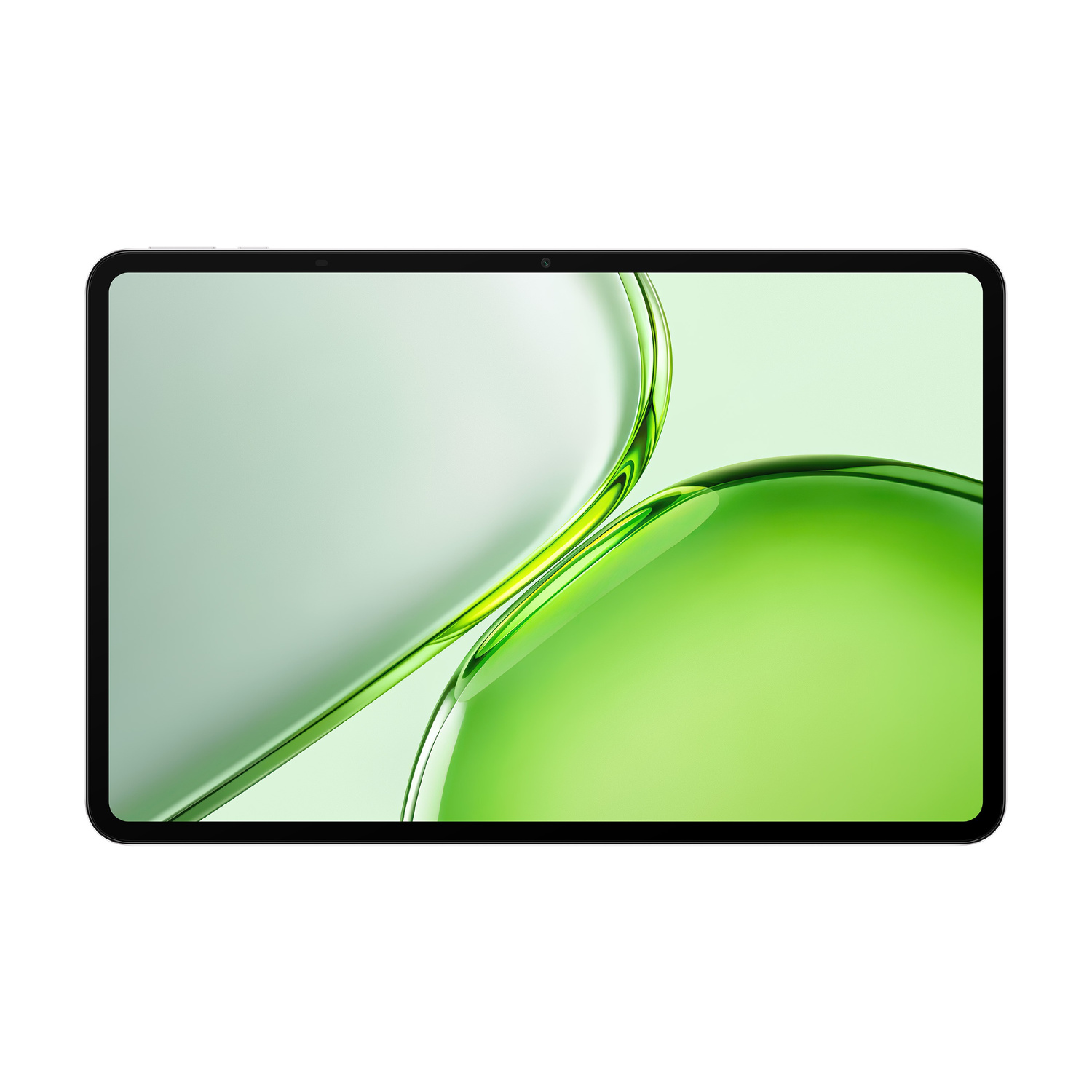 Un tablet nero con uno sfondo astratto verde e verde chiaro su sfondo bianco.