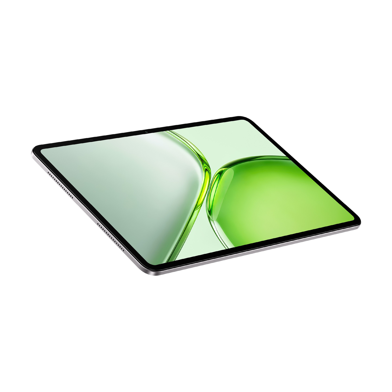 Un tablet argentato con uno sfondo astratto verde sullo schermo, isolato su sfondo bianco.