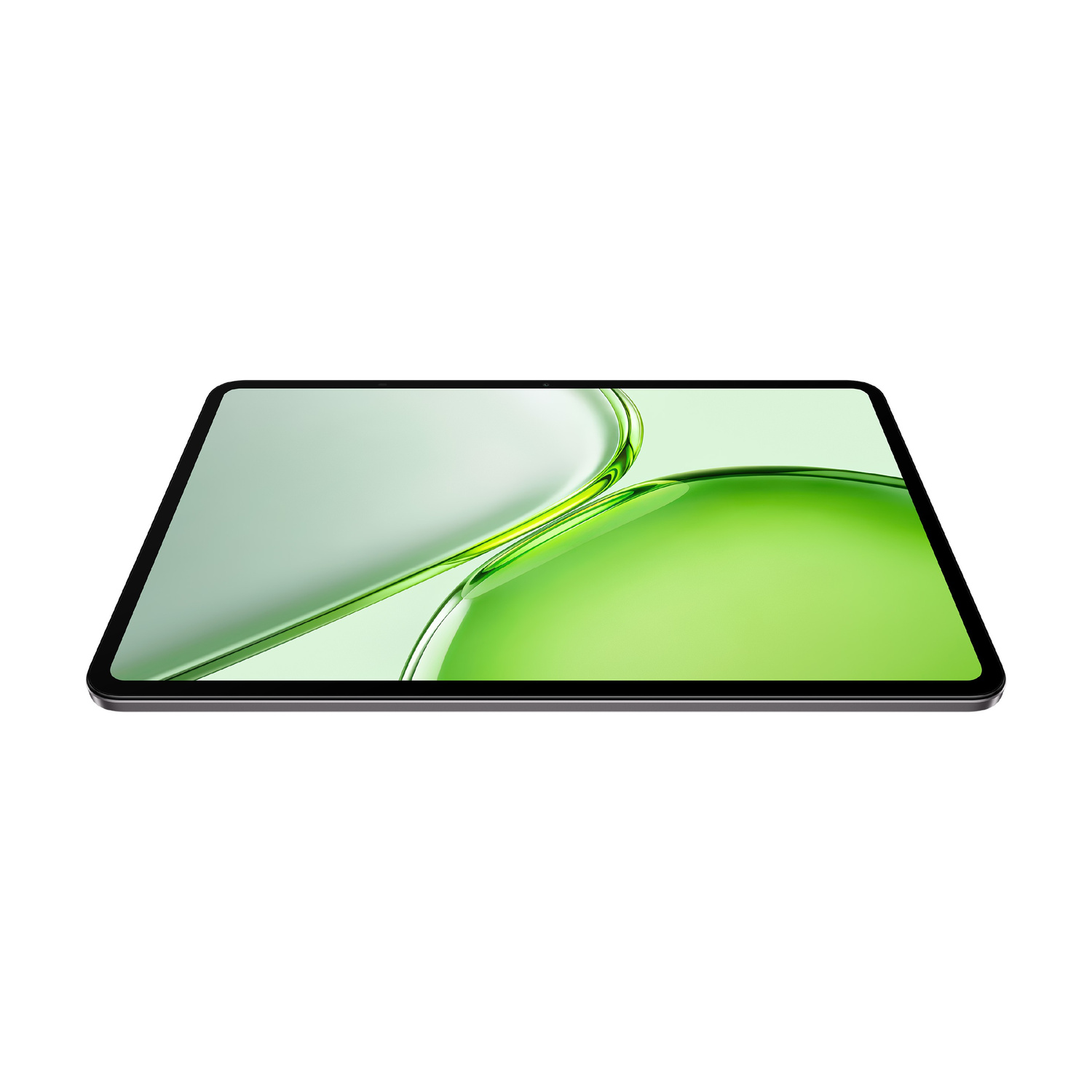 Un tablet con bordo scuro è piatto, mostrando uno sfondo astratto verde chiaro.