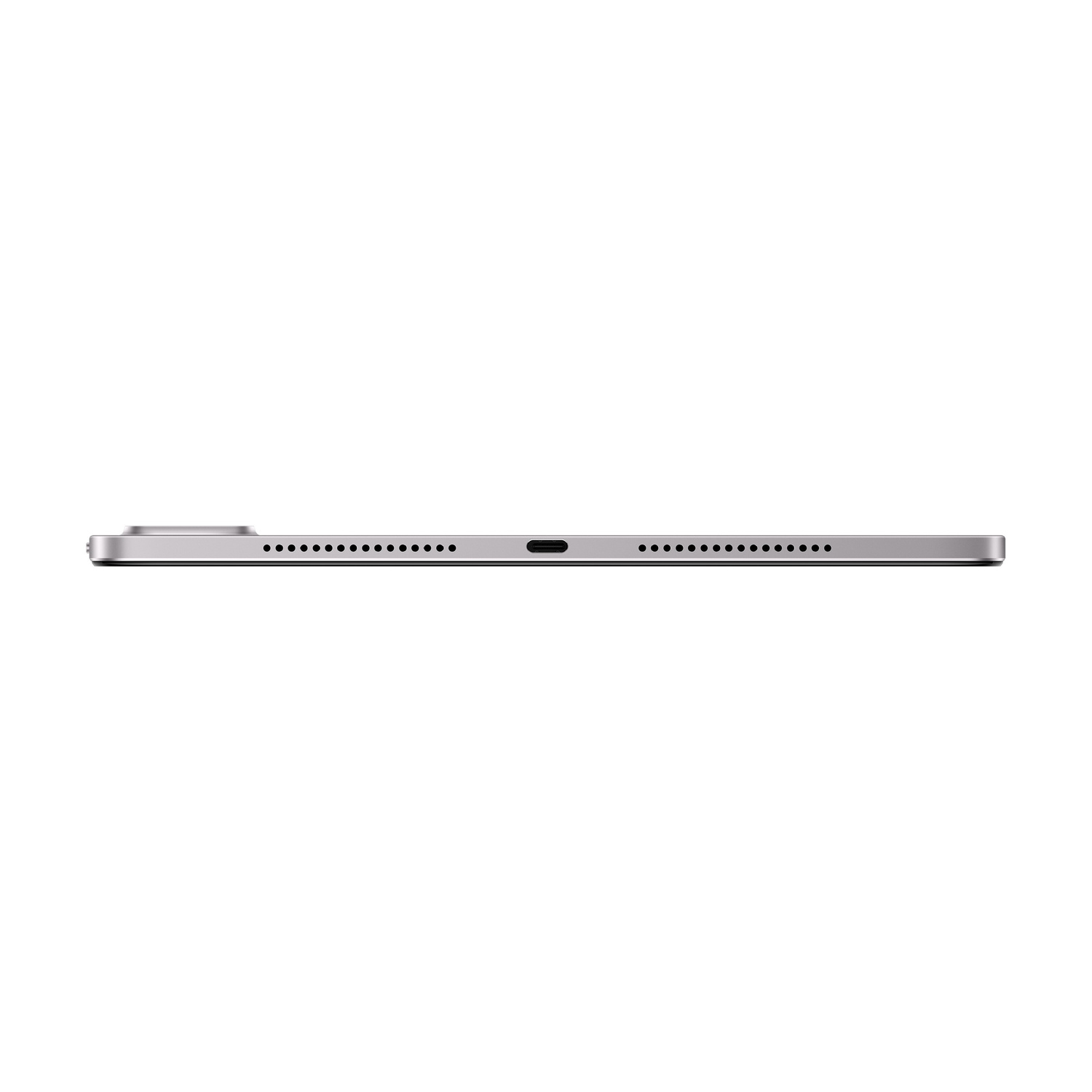 Vista laterale di un tablet argentato sottile con porta USB-C e altoparlanti.