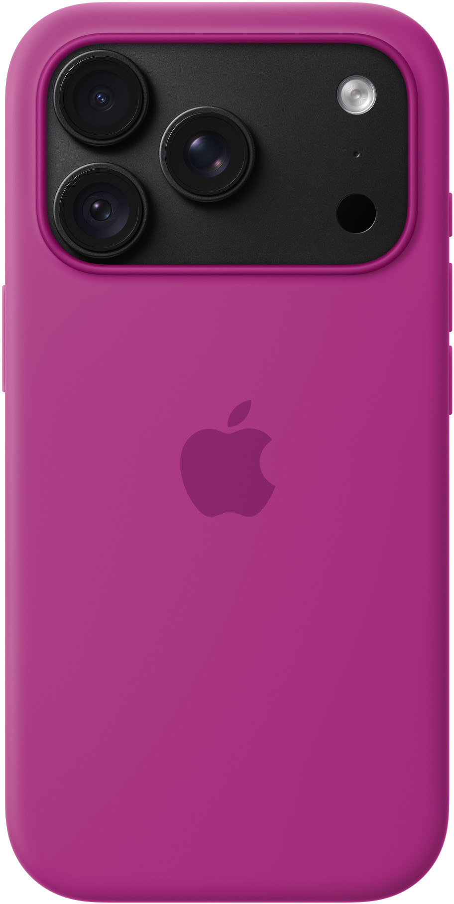 Rózsaszín iPhone tok hátoldala három kameraobjektívvel és az Apple logóval.