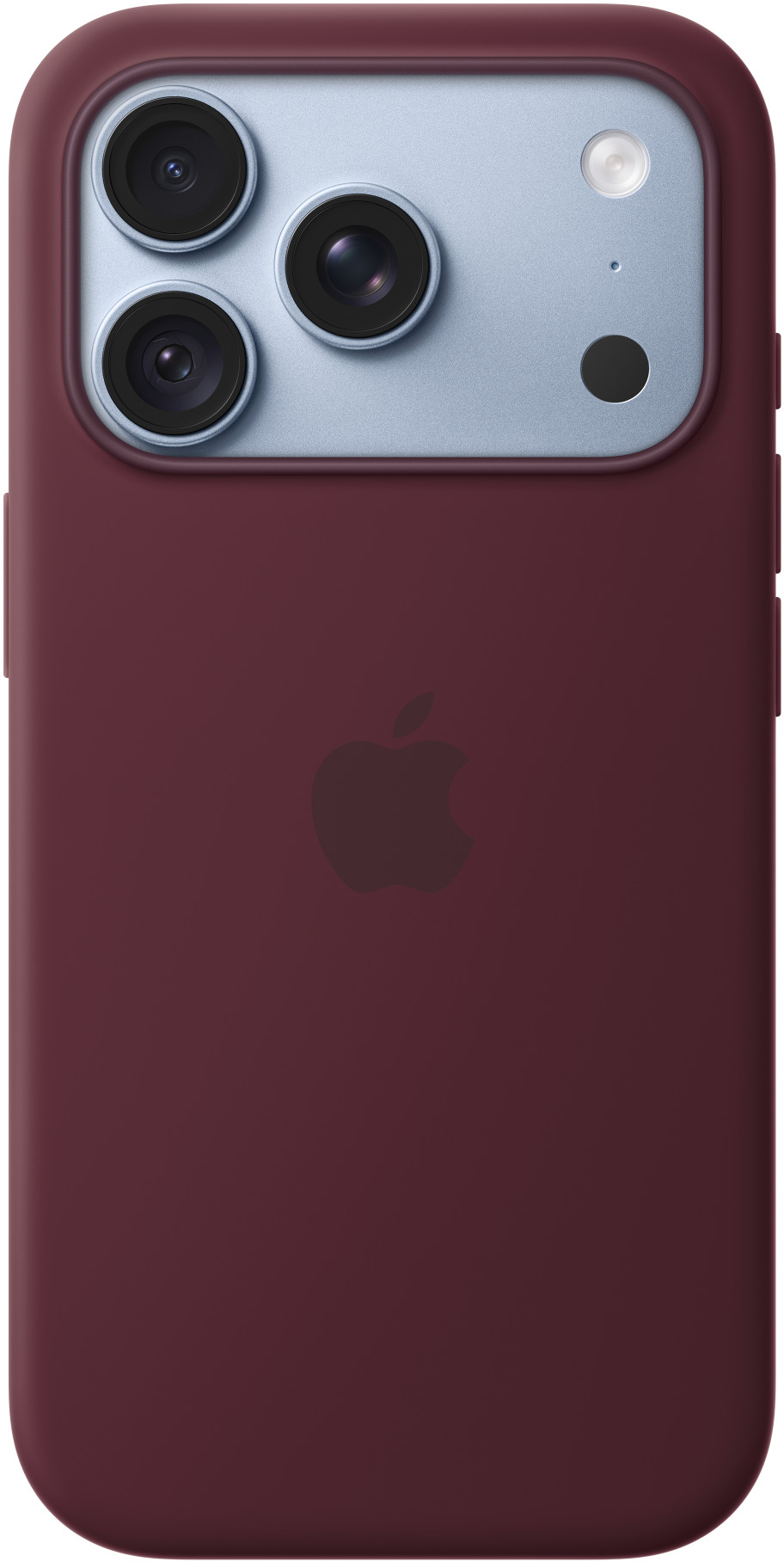 Sötétvörös iPhone tok hátulja háromkamerás rendszerrel és Apple logóval.