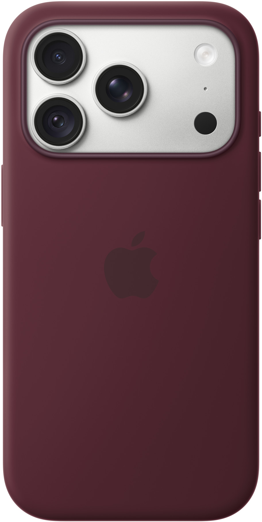 Egy bordó iPhone hátoldala hármas kamerával és Apple logóval.