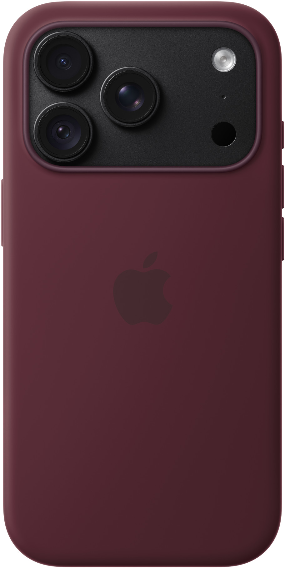 Sötétvörös iPhone tok hátoldala kameramodullal és Apple logóval.