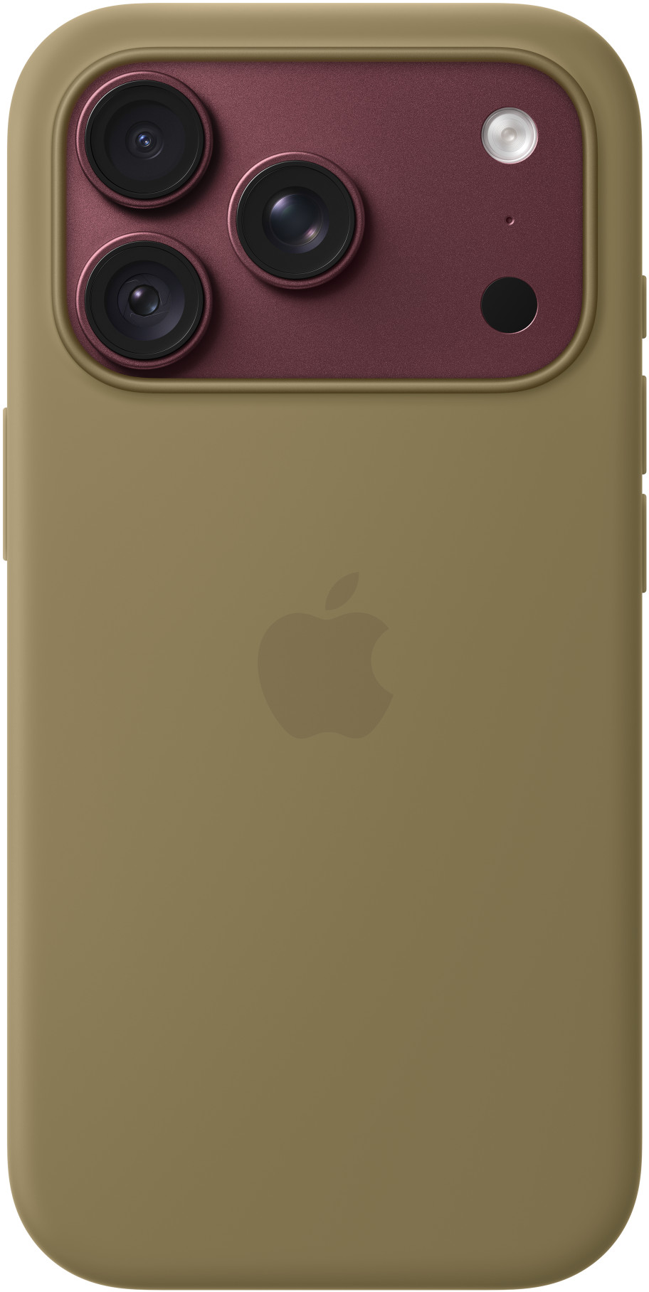Olajzöld telefontok bordó kameraszigettel, három lencsével, vakuval és Apple logóval.