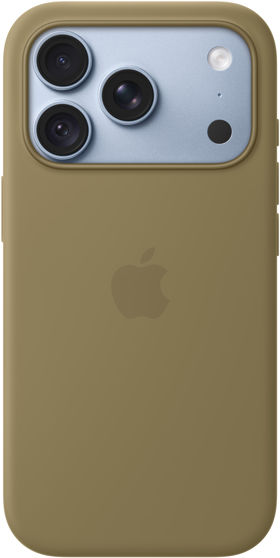 Okostelefon hátlapja olajzöld tokban, három kamerával és Apple logóval.