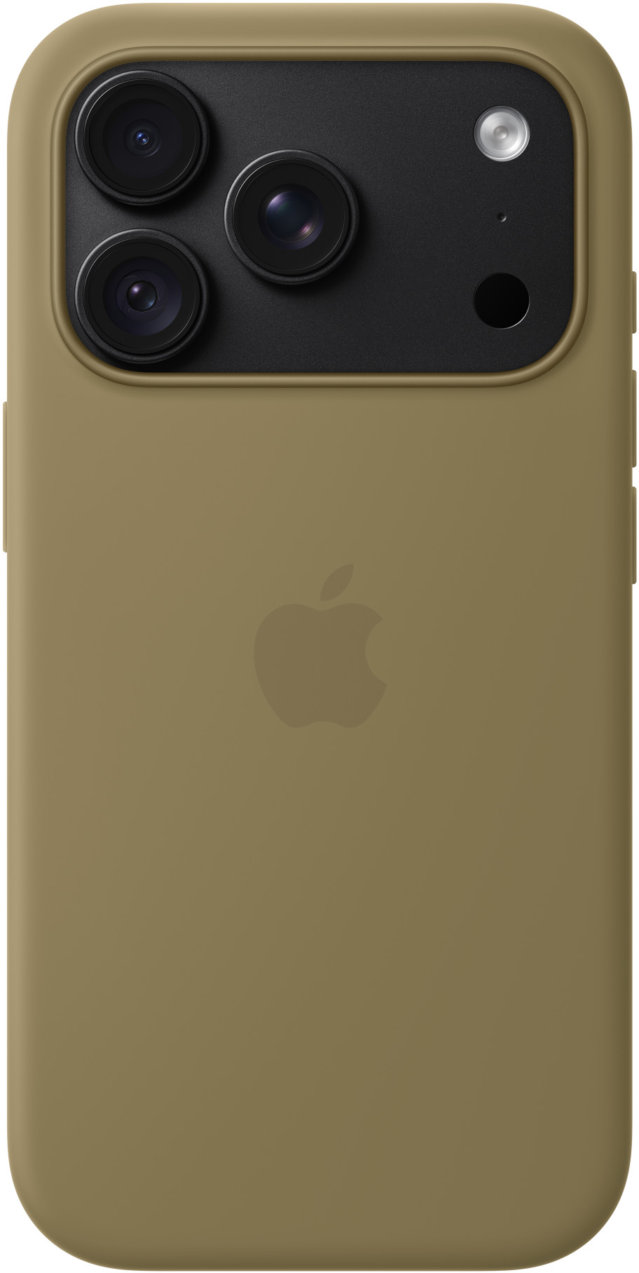 Olajzöld okostelefon tok fekete háromkamrás modullal és Apple logóval.