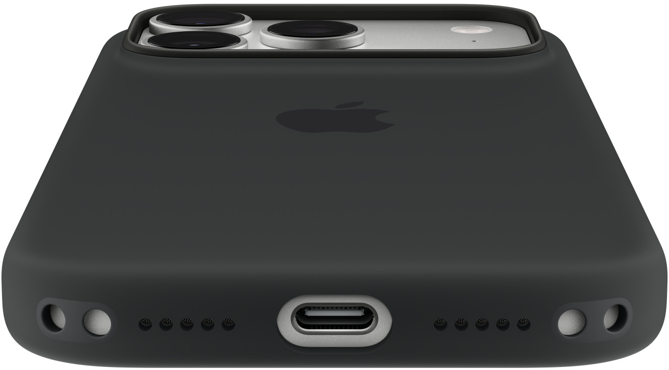 Egy iPhone hátulja fekete tokban, Apple logóval, USB-C porttal és hangszórókkal.