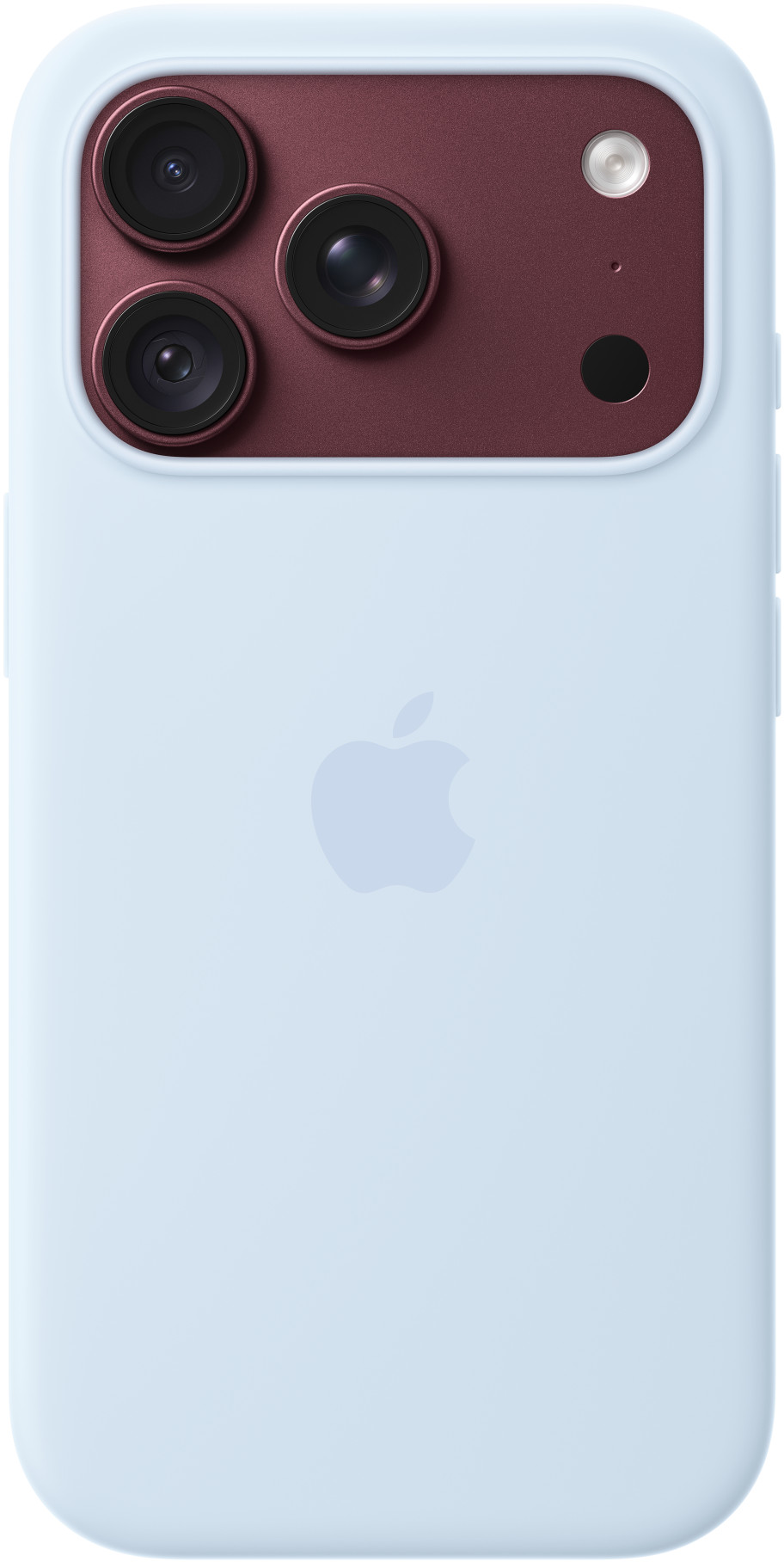 Világoskék iPhone hátoldala három kamerával a vörösesbarna kameraszigeten és Apple logóval.