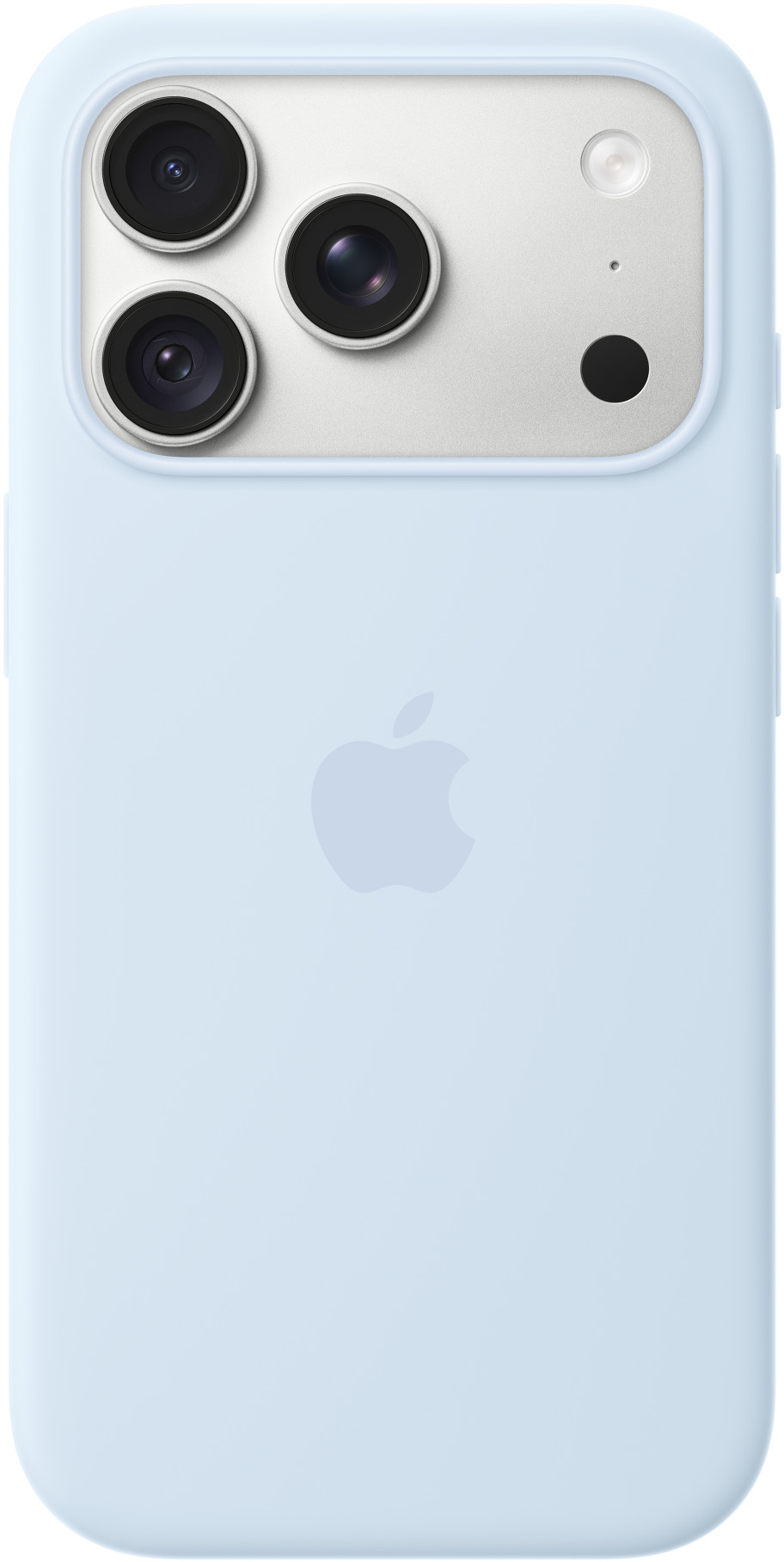 Világoskék iPhone tok három kamerával és Apple logóval.