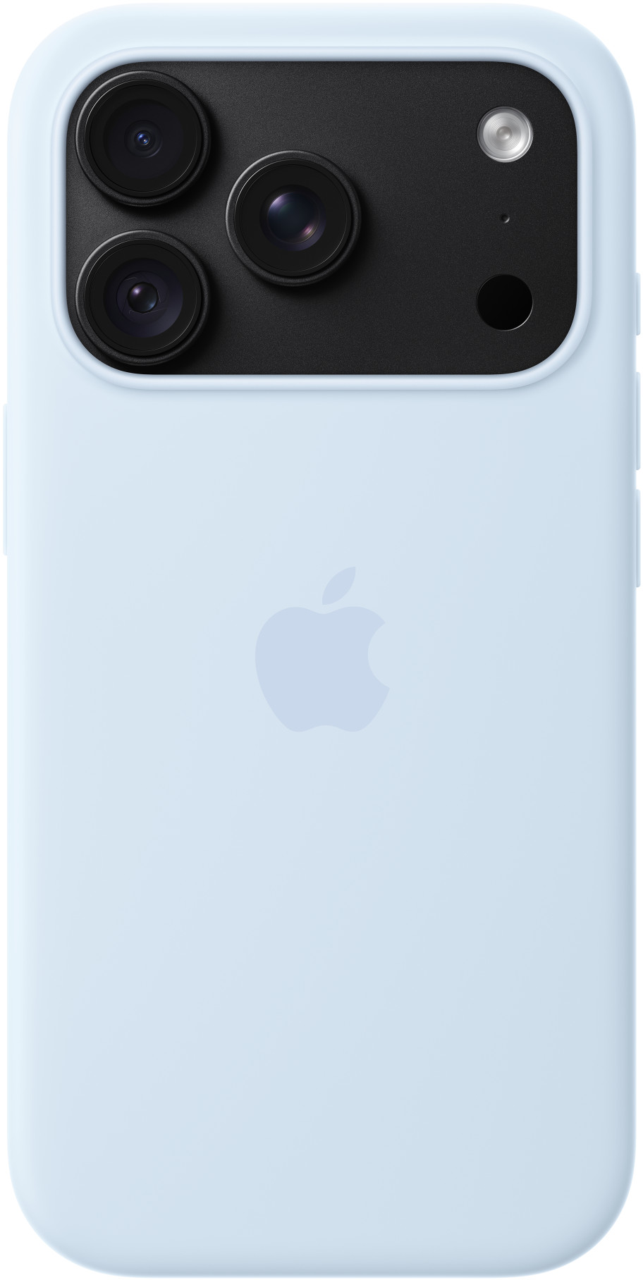 Egy világoskék iPhone hátoldala bal felső sarokban hármas kamerarendszerrel és középen Apple logóval.