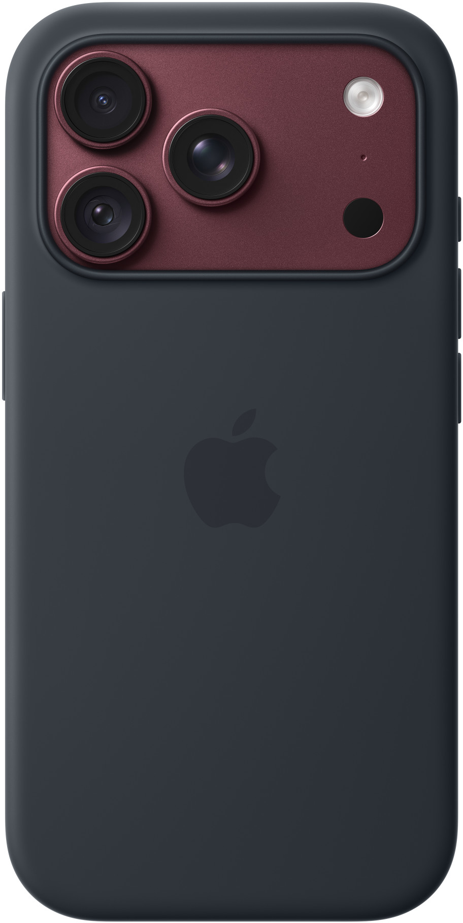 Sötétszürke okostelefon tok piros kameraszigettel és Apple logóval.