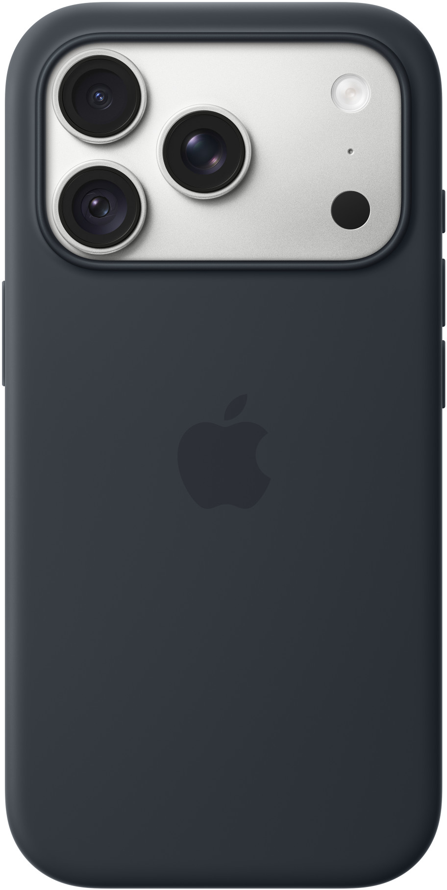 Sötétszürke okostelefon-tok a hátoldalon három kamerával, vakuval és Apple logóval.
