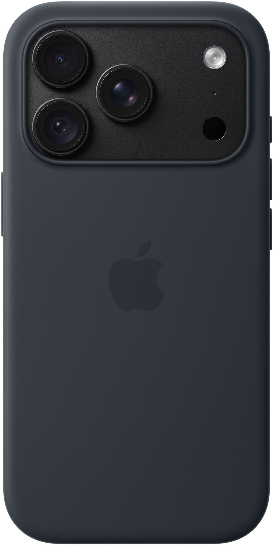 Egy sötét okostelefon hátlapja védőtokban, három kamerával és az Apple logóval.